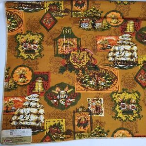 Vintage Colonial Americana Pub Signs Tall Ship Upholstery Fabric Amish Brown Red
